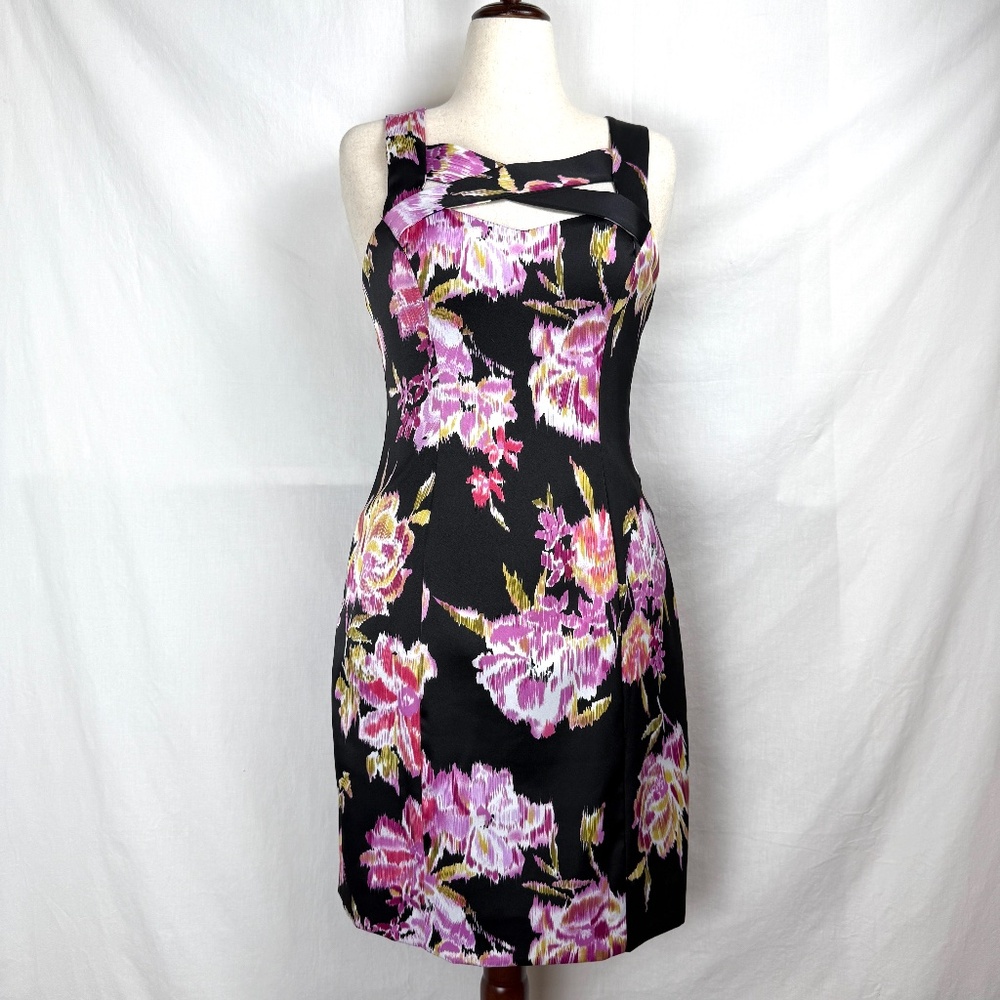 Sleeveless Dress Black Pink Floral Fitted Size 12 NWT Cache